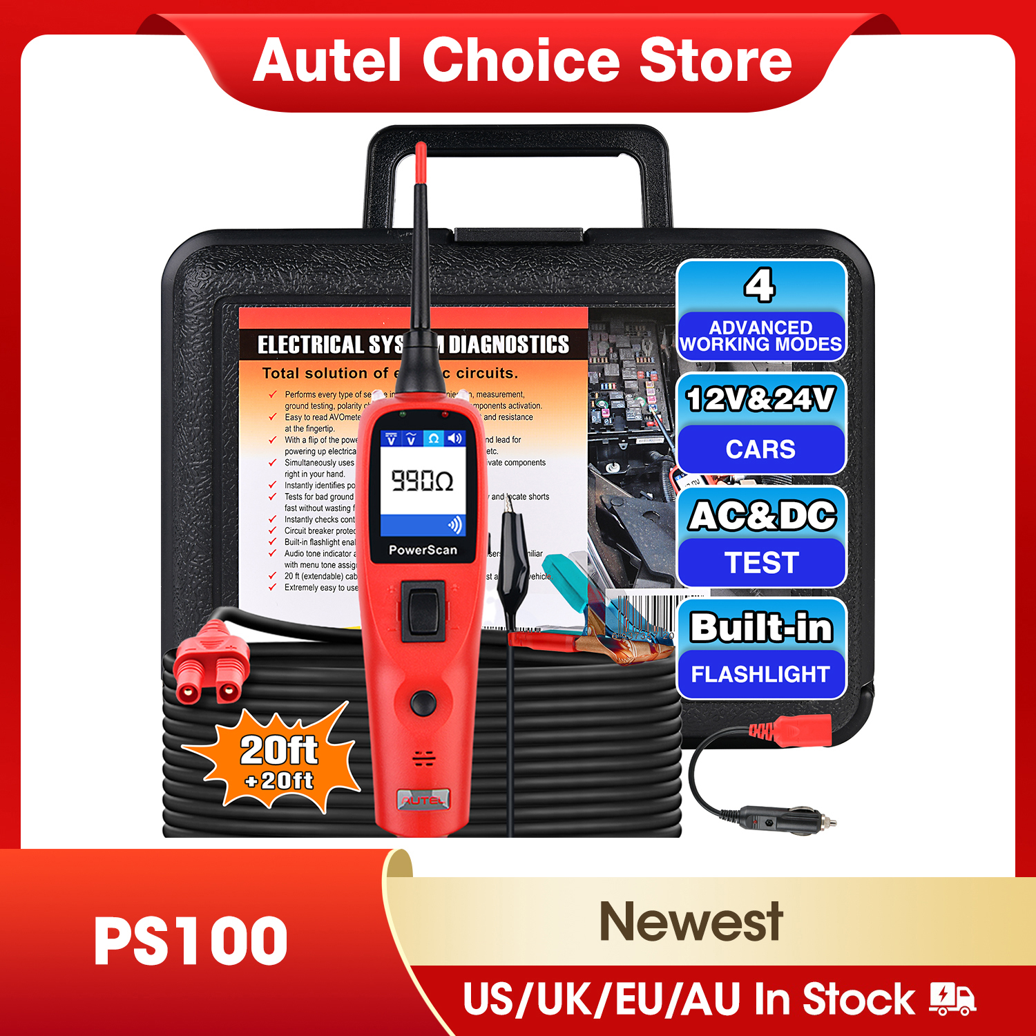 Autel PowerScan PS100 12V 24V ไฟฟ้าระบบเครื่องทดสอบวงจรอัตโนมัติ Power Probe BMS สั้นเปิด Finder รถซ่อมการวินิจฉัยเครื่องมือ