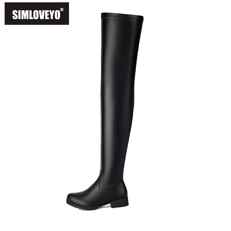 SIMLOVEYO Nieuwe Winter Herfst Overknee Laarzen 3.5 cm Vierkante Hak Rits Ronde Neus Lederen Dij Hoge Mode Big Size 45 46 47 48 US17
