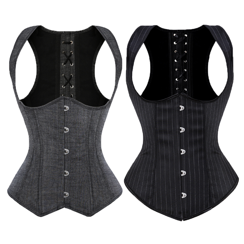 Corsé Bajo el Busto, Corsé Steampunk con Tirantes, Corsé Gótico con Cordones en la Espalda y Rayas, Talla Grande