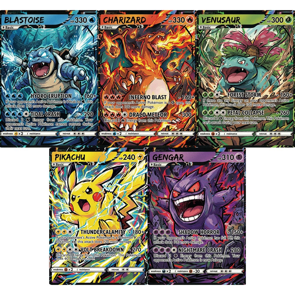 5 Stück Pokemon-Karten im Impact-Stil, Gengar, Charizard, Blastoise, Venusaur, seltene Holo-PTCG-Karten, Spielesammlungskarten, Pokemon-Geschenk