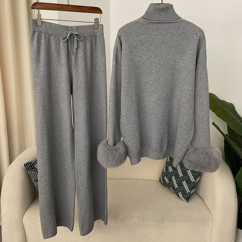 2024 nova moda outono inverno natural real pele de raposa punhos casaco camisola de malha feminina calças compridas conjunto jaqueta grossa quente