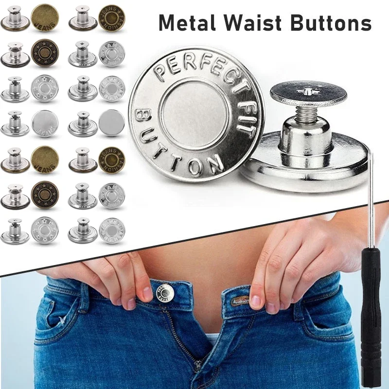 Botones de bronce y plata con tornillo para ropa, pantalones vaqueros, ajuste perfecto para ajustar la cintura, destornillador de botón de Jersey de Metal sin clavos, 10 Uds.