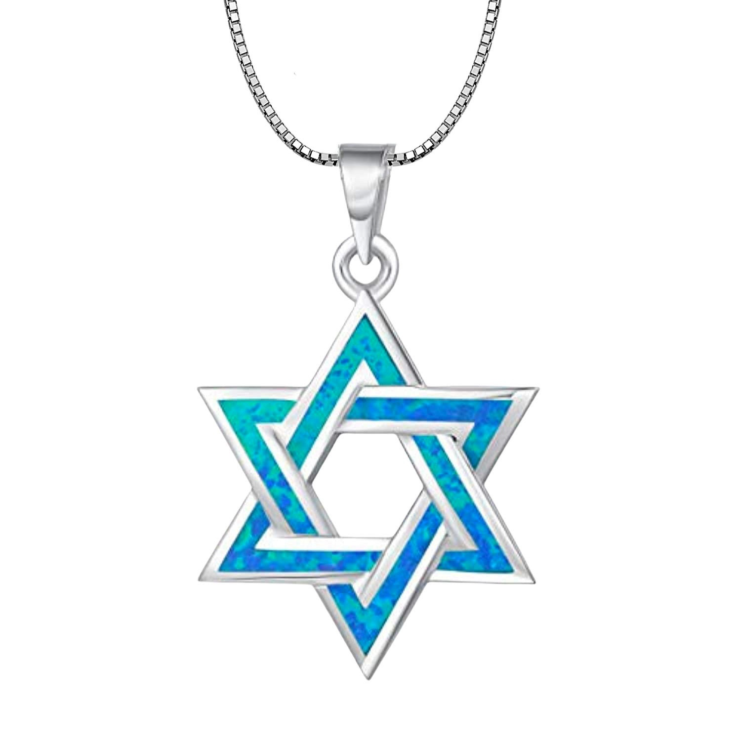 Collana con ciondolo stella di David opale di fuoco blu, gioielli ebrei placcati K bianco, regalo ebraico unisex, regalo girocollo in cristallo curativo per