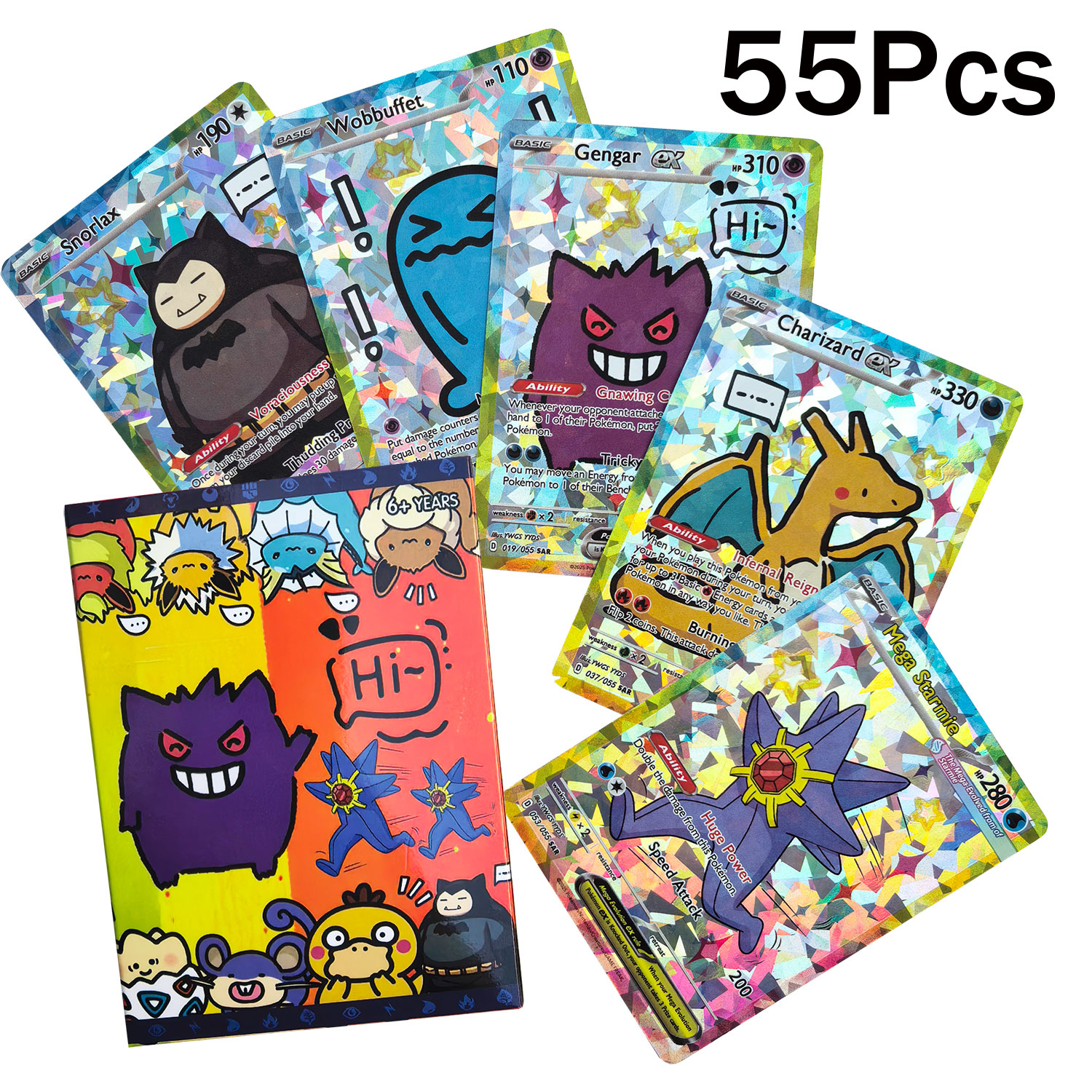 Набор из 55 голографических коллекционных карт Pokemon: Gengar, Charizard и другие персонажи аниме-версии. Классическая коллекция для самостоятельного творчества.
