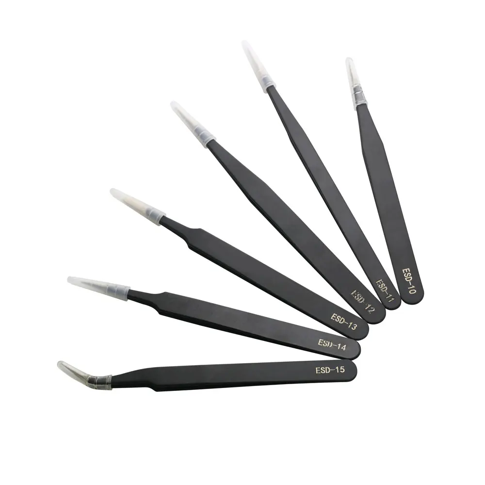 Pinzas de precisión ESD antiestáticas de acero inoxidable, herramientas de reparación para reparación de electrónica, soldadura y manualidades, 6 uds.