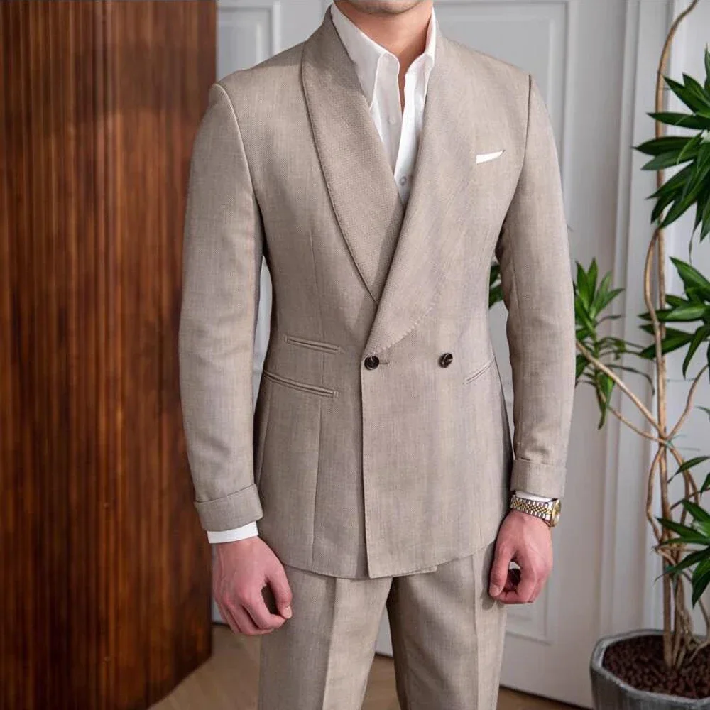 Casual Khaki Lniane garnitury męskie 2-częściowy modny szalowy klapa Dwurzędowy smoking Impreza Ślub Kolacja Formalny garnitur męski Slim Fit