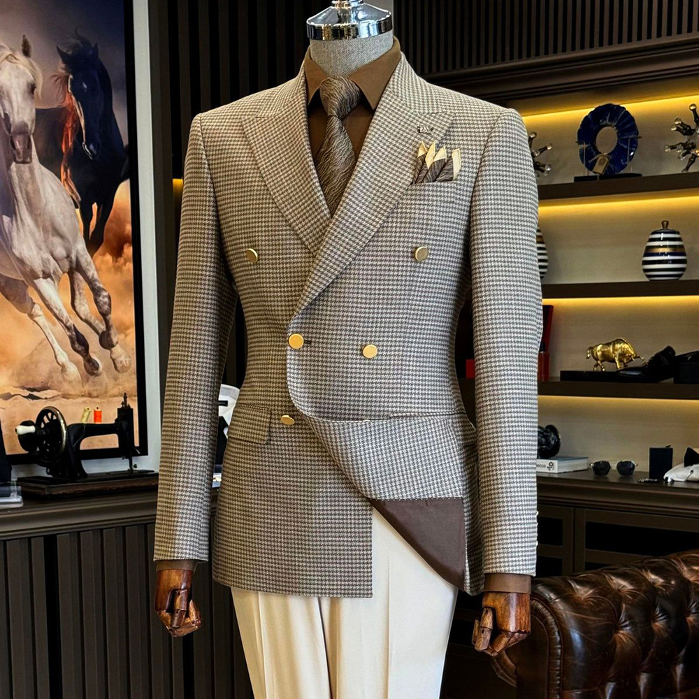 Męskie garnitury slim fit w pepitkę, elegancki zestaw marynarki i spodni, dwuczęściowy dwurzędowy garnitur w kratę do biura, na ślub.