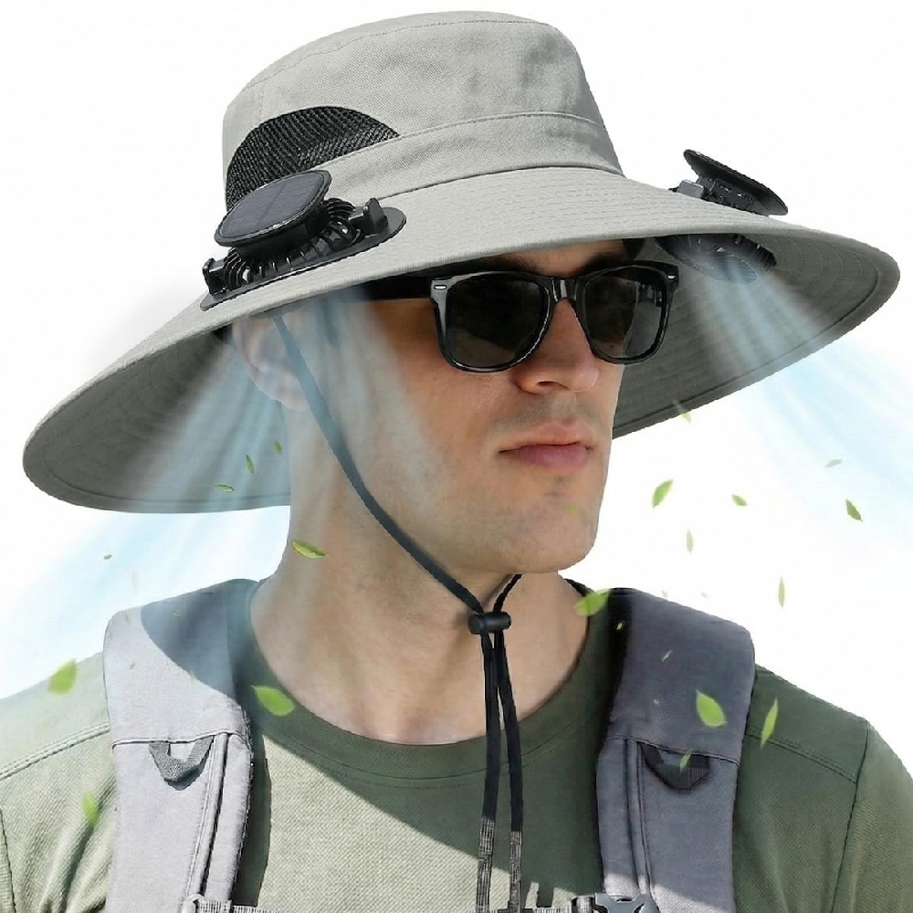 1PCS Sombrero Solar con Ventilador, Transpirable, de Ala Ancha, para Hombre y Mujer, Sombrero de Pesca con 2 Ventiladores Solares, UPF 50+, para Exteriores