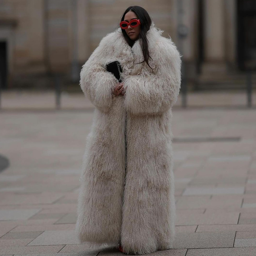 Casaco de pele de carneiro luxuoso feminino, jaqueta longa de cordeiro mongol, casaco fofo quente, roupas de inverno