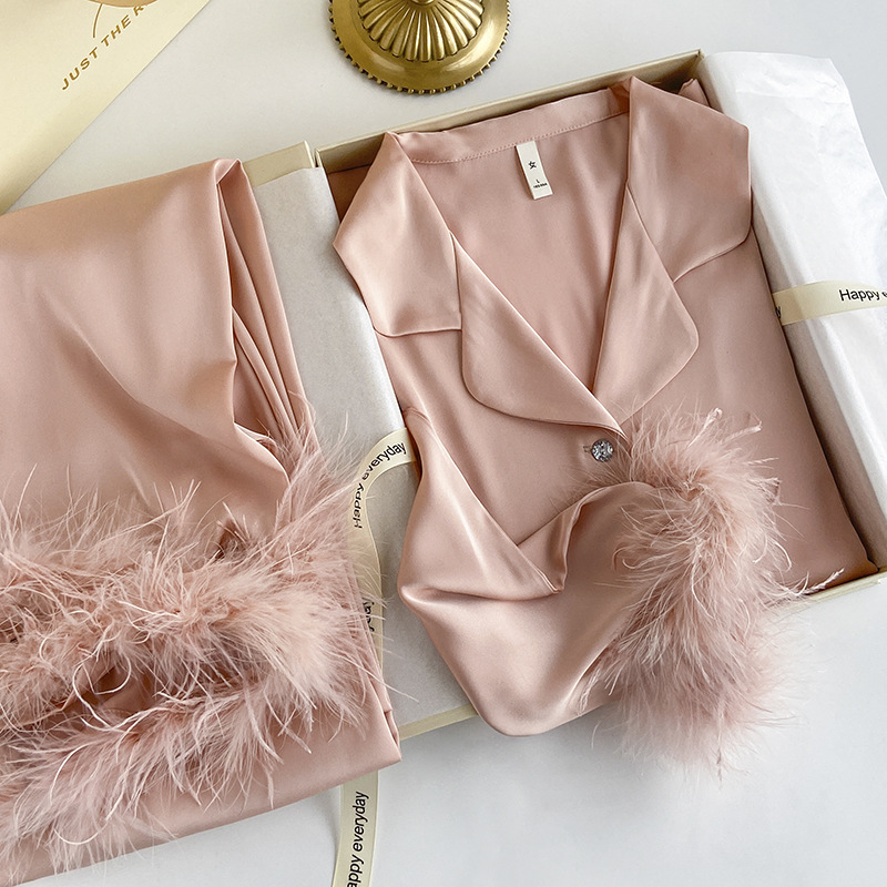 Printemps automne femme pyjamas pantalon ensemble de luxe plume rose mariée vêtements de nuit de mariage cadeau Sexy ample Satin vêtements de maison vêtements de détente