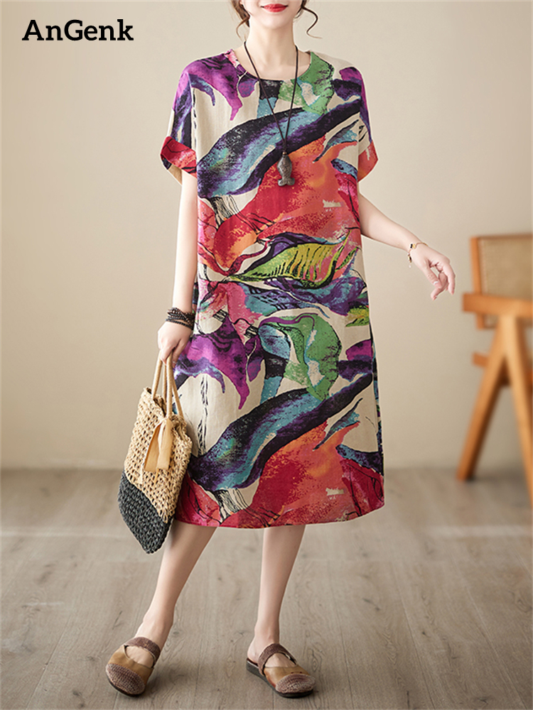 Abiti Vintage in Cotone e Lino a Maniche Corte per Donna, Estate 2026, Vestito Lungo Casual Elegante e alla Moda