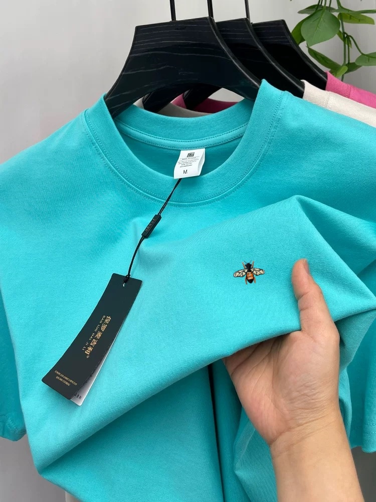 Modisches T-Shirt mit Bienen-Stickerei, 100% Baumwolle, Kurzarm, Luxusmarke für Herren, Sommer, Rundhalsausschnitt, Atmungsaktiv, Jugendlich, Lässig, Neues Oberteil