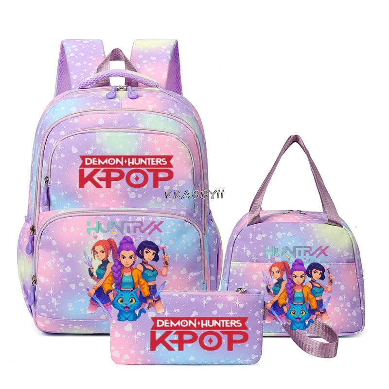 Mochila escolar colorida con estampado de KPop Demon Hunters, 3 unidades/juego, para estudiantes, niños y niñas, con bolsa para el almuerzo, mochila escolar para niños y adolescentes