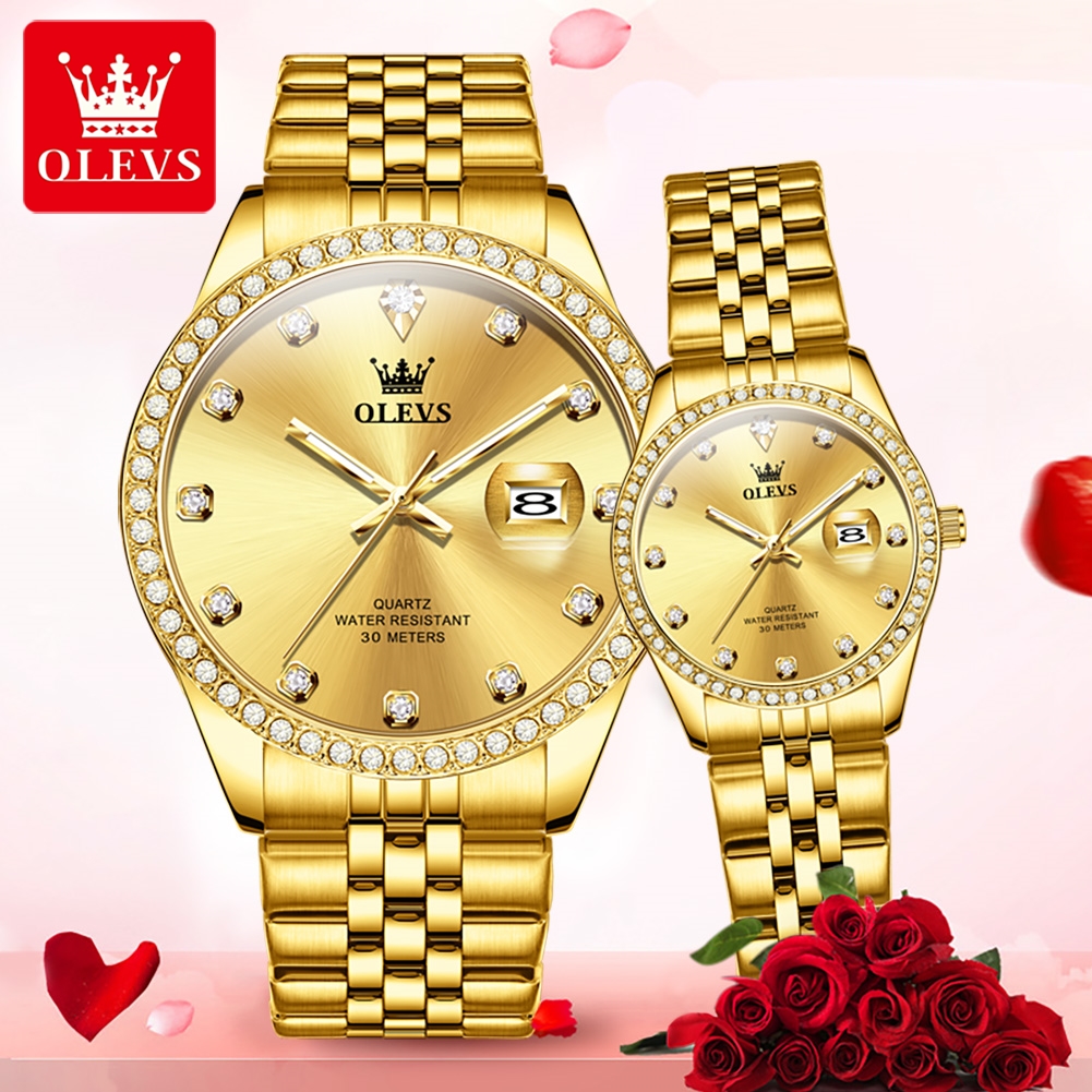 Olevs 3629 marca de luxo quartzo casal relógio moda negócios à prova dwaterproof água calendário relógio masculino elegante feminino data casal relógio