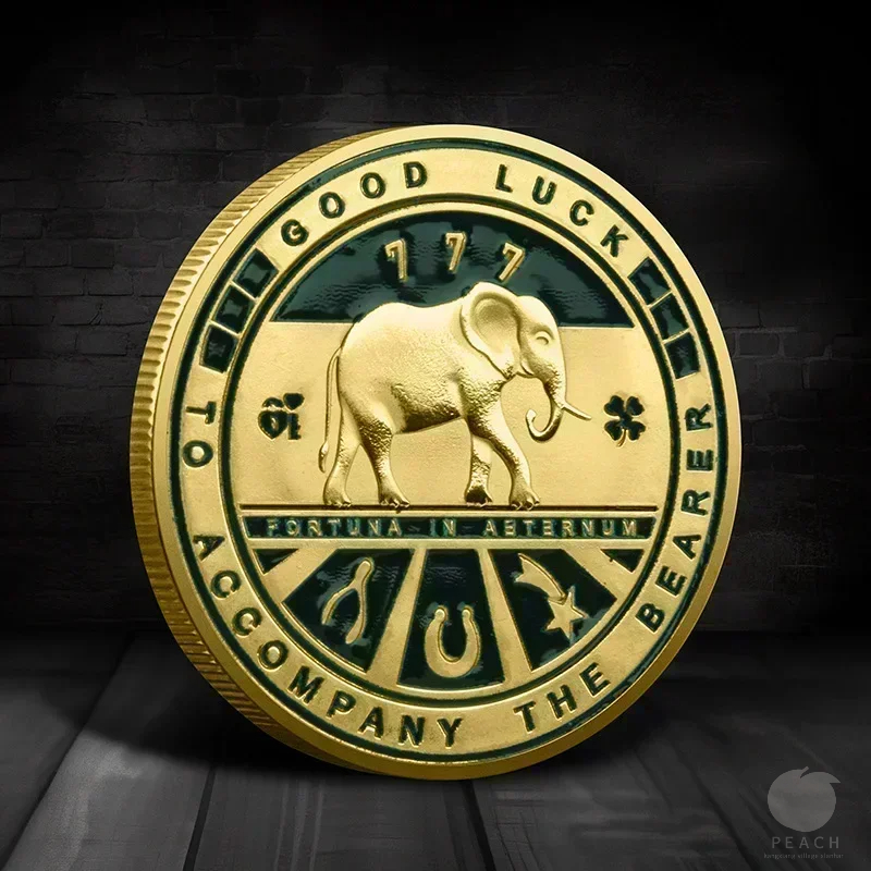 Pièce de monnaie porte-bonheur double face – Trèfle à quatre feuilles et éléphant, commémorative pour le bonheur, le succès, la santé et la paix
