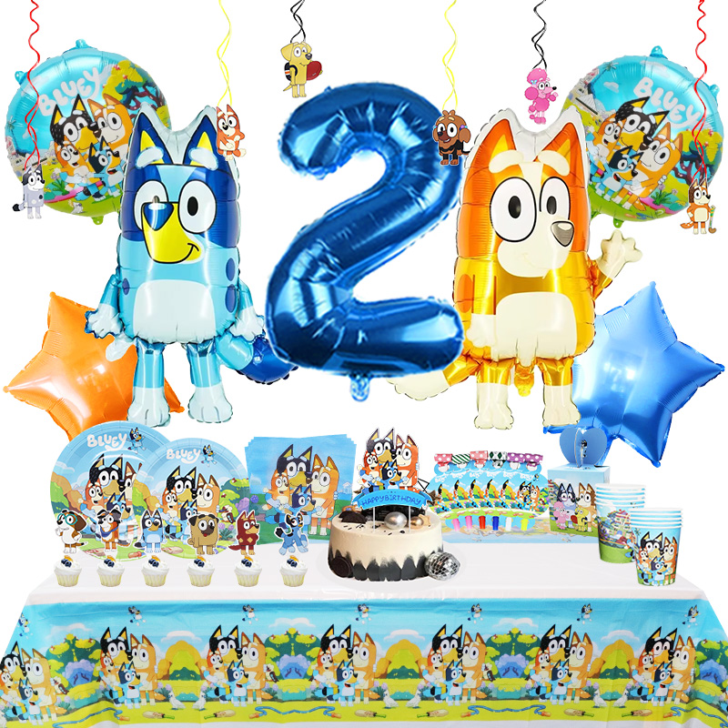 Nueva decoración de fiesta de cumpleaños Bluey, globo de látex de Bingo, globos de película de aluminio para niños, suministros para eventos, pancarta, telón de fondo, plato, taza