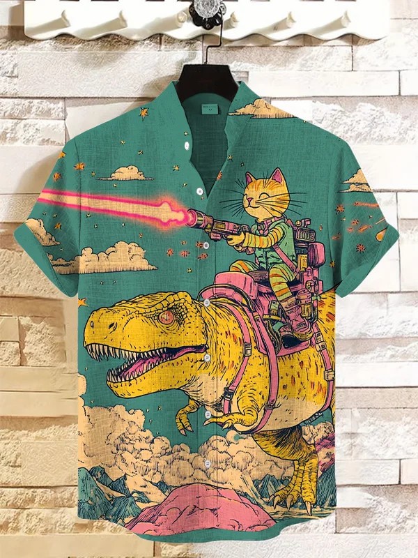 Camisas masculinas com gráficos de gato, manga curta, botão, lapela, para o verão, tops grandes, férias, camisas havaianas casuais