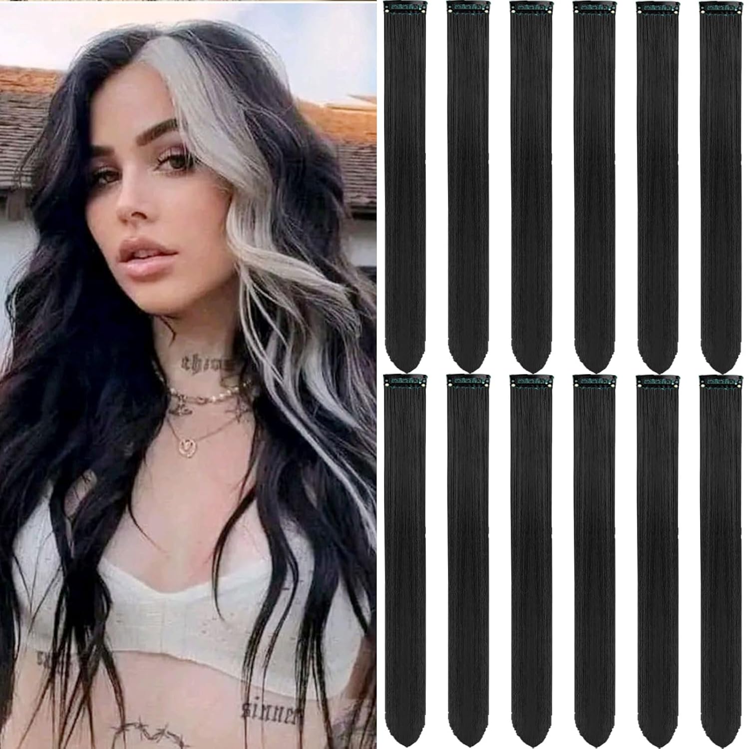 ต่อผมสังเคราะห์สีดำตรงยาว 12 ชิ้น แบบหนีบ สำหรับตกแต่งผมสีไฮไลท์สำหรับงานปาร์ตี้ ผู้หญิง เด็ก สาวๆ ฮาโลวีน