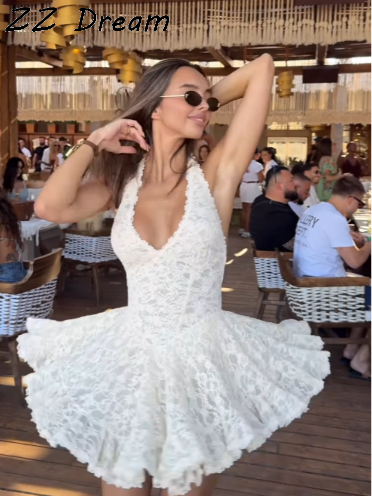 Modisches Spitzen-Neckholder-Kleid für Damen, schickes rückenfreies ärmelloses Tutu-Kleid mit tailliertem Schnitt, Vestidos 2026, neue Sommerkleider für Damen