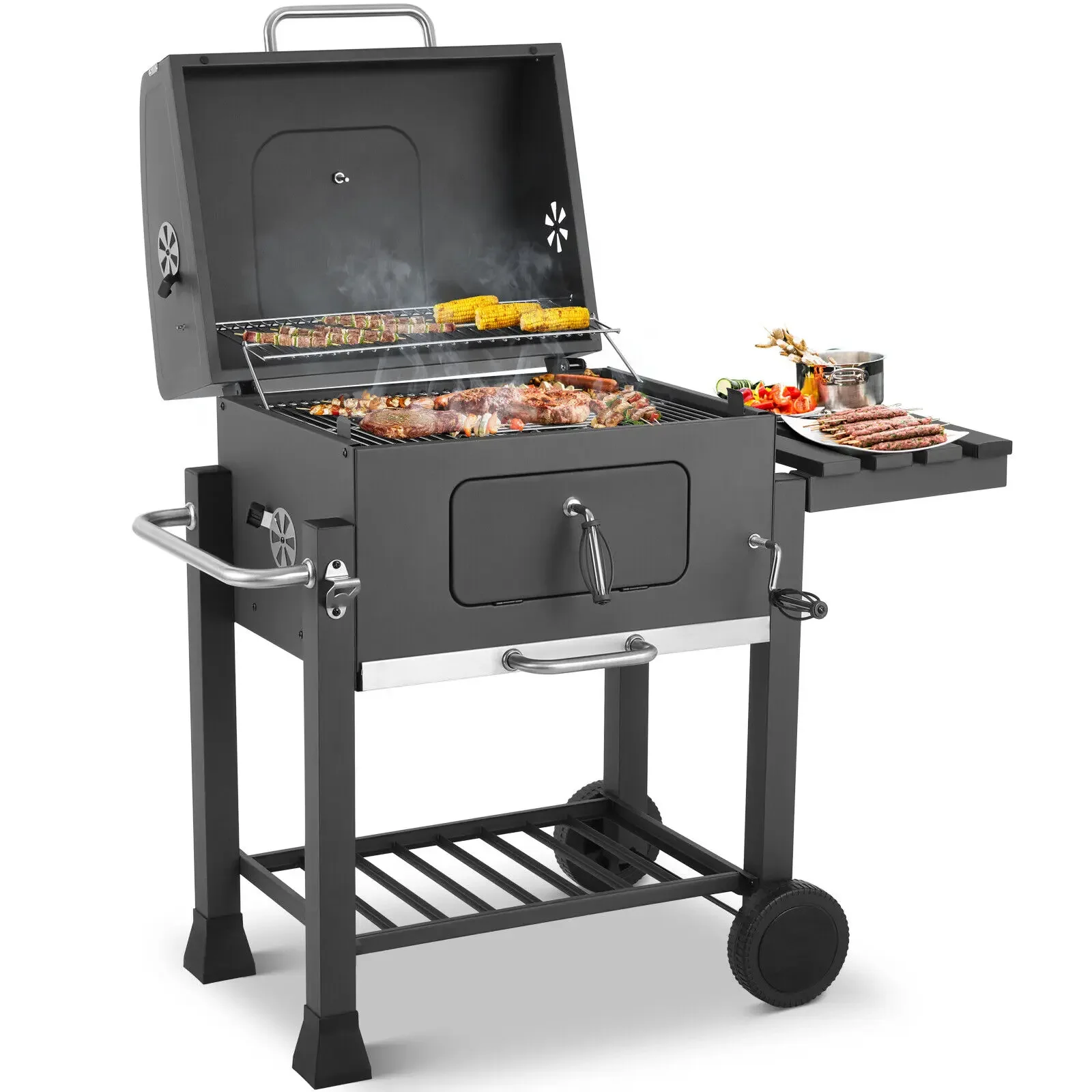 รถเข็นย่างหนักรถเข็นถ่าน BBQ XXL 116x55.7x100ซม. ย่างถ่านสีดำพร้อมที่เปิดที่เขี่ยบุหรี่แบบดึงออกชั้นวางตะขอ