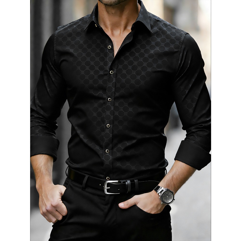 Camisa Masculina FGKKS Preta Nova Luxuosa Elegante de Moda Manga Longa Casual Inteligente Estilo Ocidental Elástica para Negócios