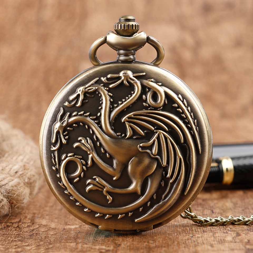 Relógio de bolso de quartzo dragão de três cabeças vintage bronze fogo monstro colar relógio antigo vintage