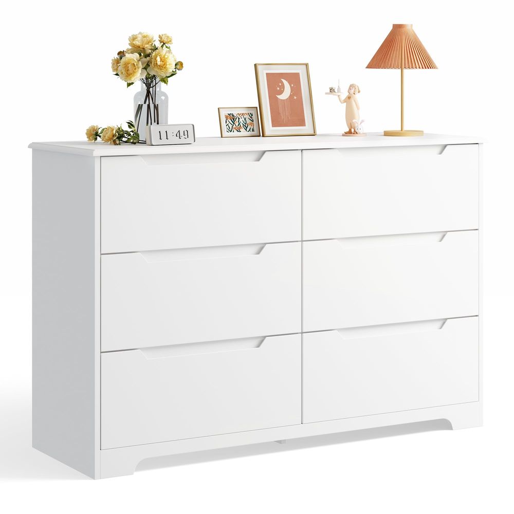 6 Drawer Double Dresser for Bedroom with AntiTip Design, Modern Wide Wooden Chest of Drawers with CutOut Handles, Closet Storag