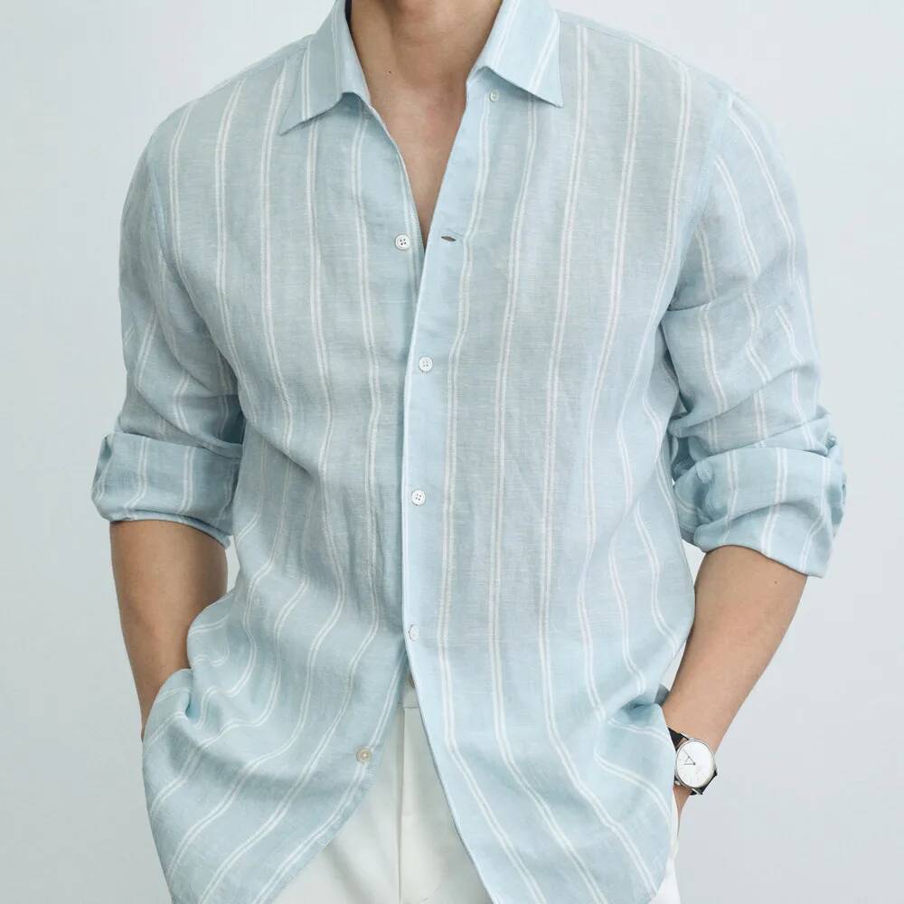 Camisa masculina rosa listrada de manga comprida, respirável, casual, em mistura de linho, para homens, camisa britânica de luxo para homens.