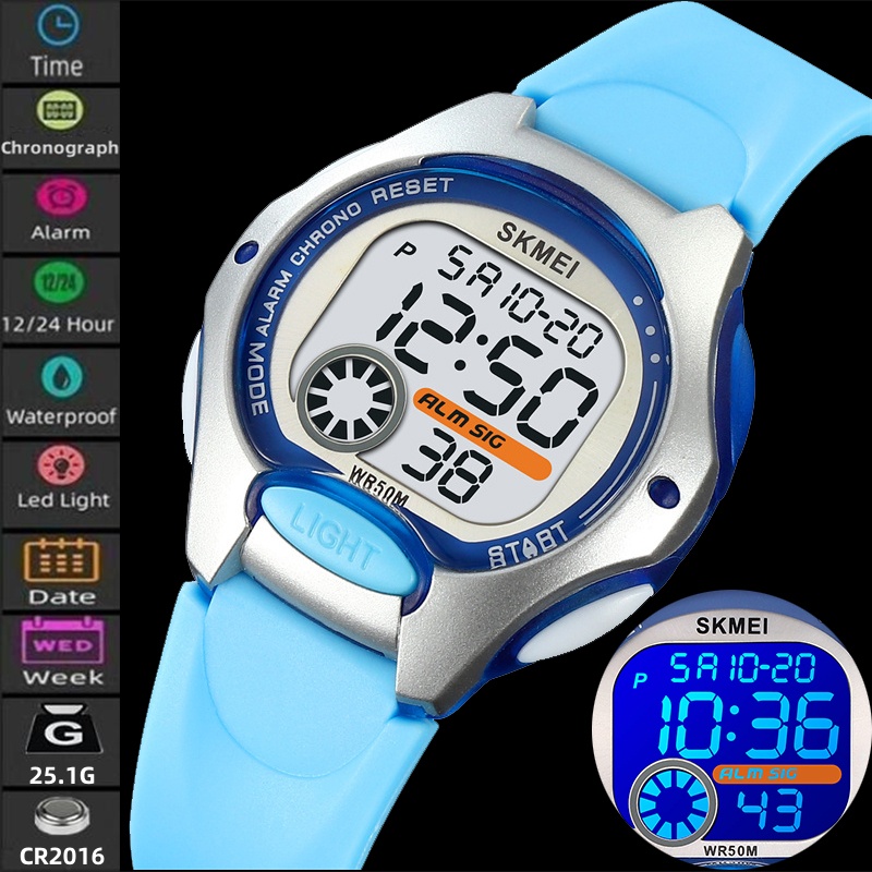 Skmei estudante digital esporte relógios moda tpu cinta à prova dwaterproof água despertador crianças menino menina colorido led cronógrafo tempo