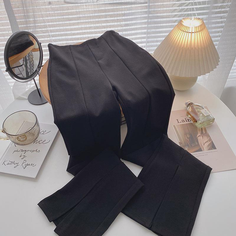 Schlaghose für Damen mit Frontschlitz und Hoher Taille, Frühjahr-Herbst-Mode 2022, Schwarze Anzughose mit Seitenreißverschluss