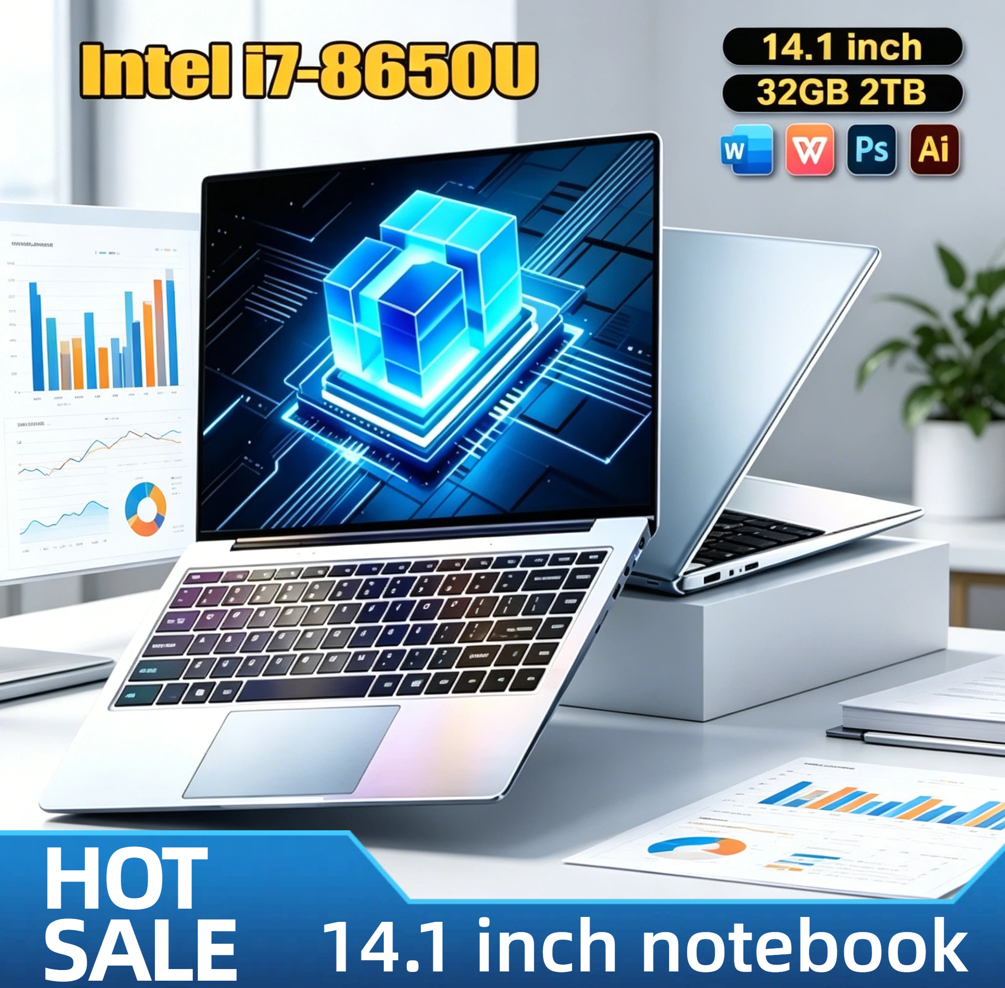 14.1 Inch Ultra Slim Laptop Intel Core i7 8650U 4C8T 1.9 4.2GHz 32GB RAM 2TB SSD Gaming PC Gamer Office 1920x1080 HD Ultra