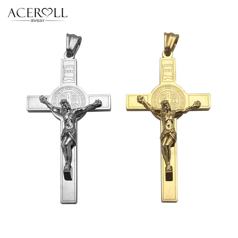 Pingente Católico de Aço Inoxidável ACEROLL do Crucifixo da Benedição com Medalha de São Bento
