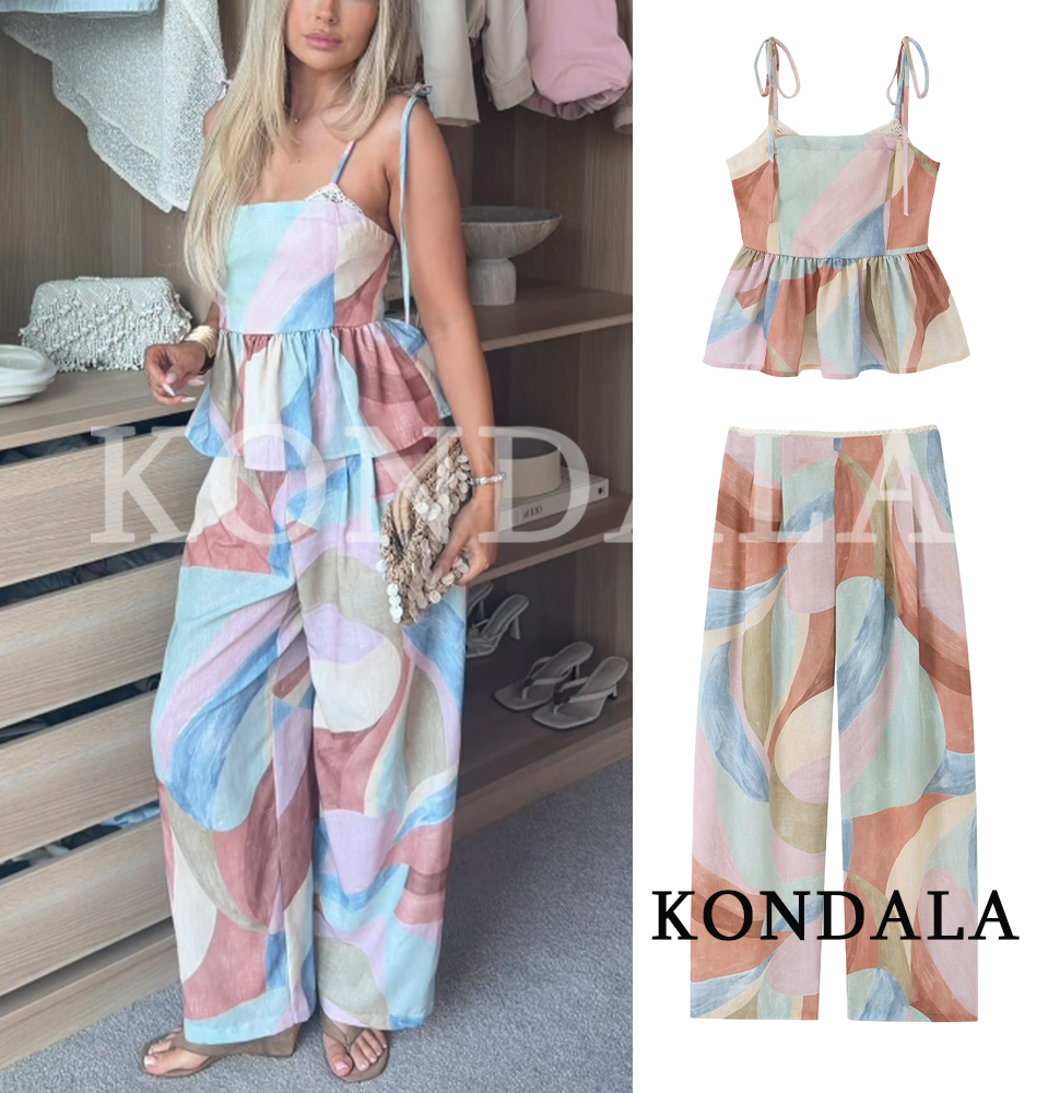 KONDALA Damen Trendiges Farbig Bedrucktes Hosenset Ärmelloses Cami-Top Weite Hose Neue Mode 2026 Frühling Sommer Urlaub Damen-Set