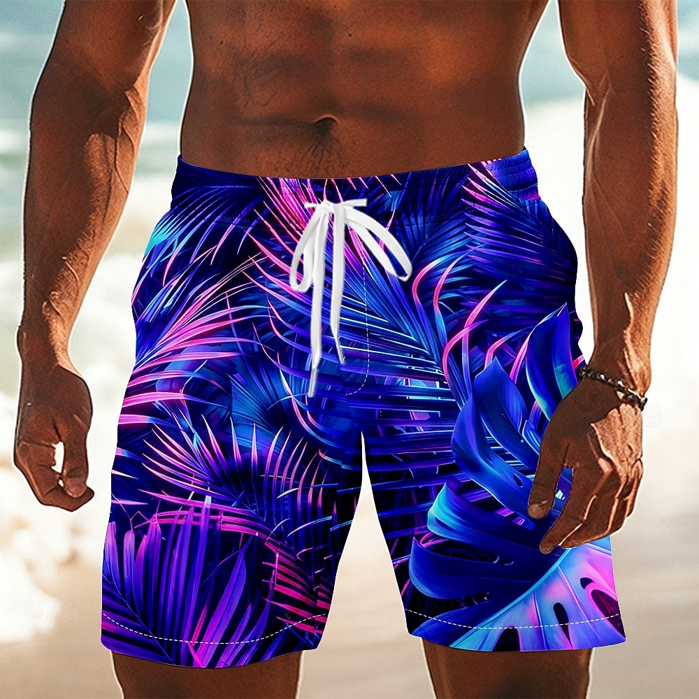 Pantaloncini da uomo con coulisse e stampa di foglie tropicali color neon, vestibilità ampia e casual per le attività quotidiane primaverili ed estive e per le vacanze al mare