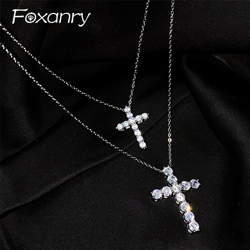 Foxanry Bling naszyjnik z cyrkoniami dla kobiet romantyczny prosty nowy osobowość krzyż wisiorek przyjęcie zaręczynowe biżuteria prezenty hurtowo