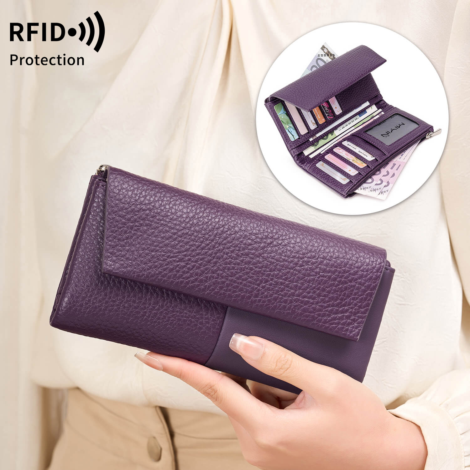 Portefeuille élégant pour femme en cuir PU souple, avec fermeture magnétique longue, protection RFID, pochette multifonctionnelle, double fermeture éclair, portefeuille à trois volets avec porte-monnaie