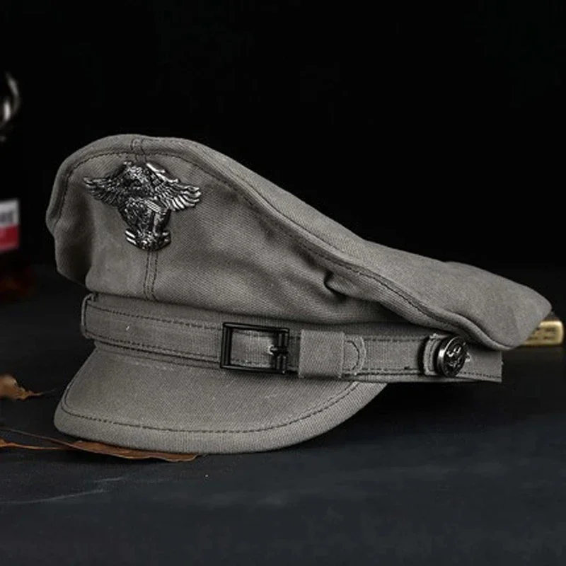 2025 Primavera Retro Berretto da marinaio Uomo Donna Cappello Maschile Tela Flat Top Cap Grigio Aquila Frangivento Cintura Locomotiva Casquette