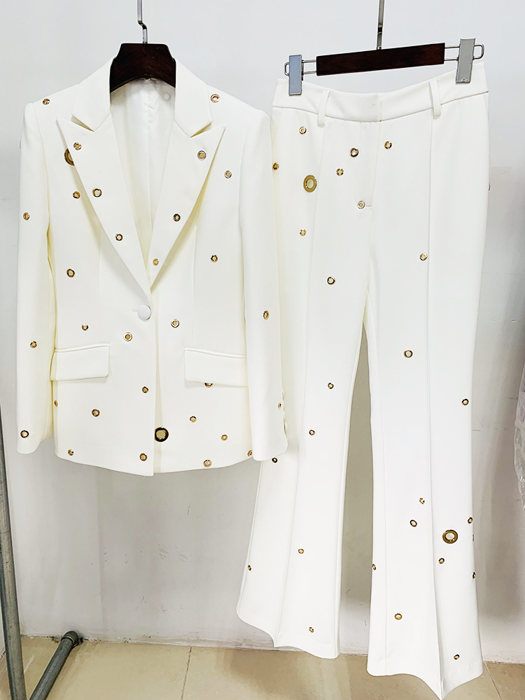 Conjunto de Traje de Diseñador de Moda de Pasarela 2026, Estilo HIGH STREET, para Mujer, Corte Entallado, Blazer con Botón Único, Solapa con Ojales y Remaches, Conjunto de Pantalones y Blazer de 2 Piezas