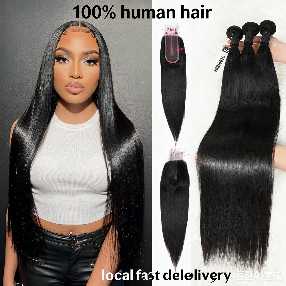 Cabelo Humano Liso de 32 Polegadas, Pacotes de Cabelo Humano 3/4 com Fechamento de Renda Transparente 2x6, Cabelo Humano Brasileiro, 100% Virgem Não Processado, Cabelo Liso Sedoso com Pontas Cheias e Volumosas, Pode Ser Tingido e Descolorido, Armazém Loca