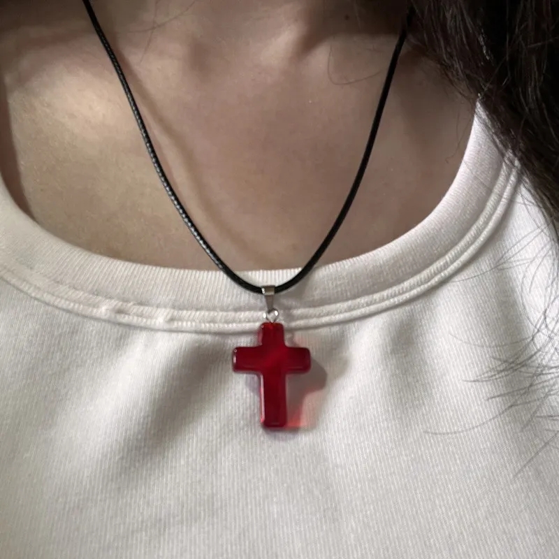 Gothic Vintage Rood Glazen Kruis Hanger Zwarte Kraal Touw Ketting Voor Vrouwen Mannen Y2K Esthetische EMO Grunge Sieraden Accessoires