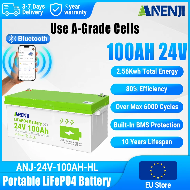 ANENJI 24V 100AH 2.56KWH LiFePO4 Battery Pack 25.6V Rechargeable Lithium Bateria 6000+ Cycles with BMS A Grade Cell Bluetooth