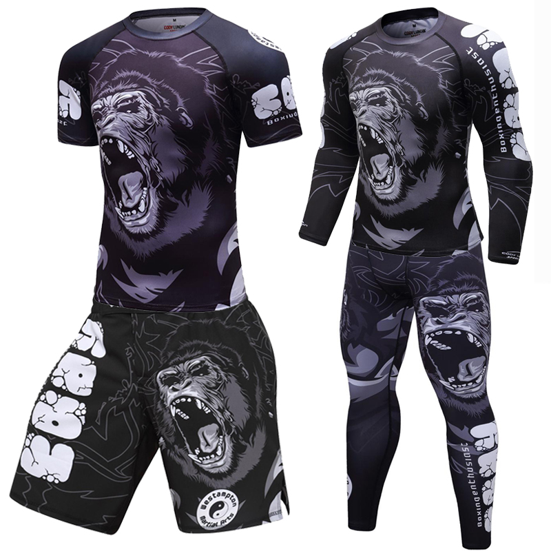 Neue Männer Boxen Set Kompression Jersey Hosen 3D Orang-utan Druck Rashguard Kickboxen Enge T-shirts Hosen Muay Thai MMA Fightwear