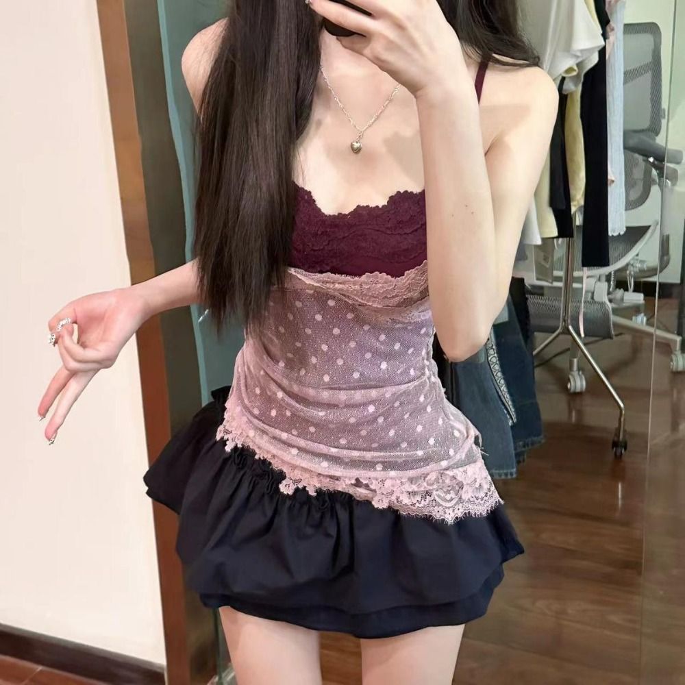 Top de Camisola com Renda e Estampa de Poá, Estilo Falso de Duas Peças, Ajuste Slim, Top Cropped de Renda, Sutiã Elástico com Almofadas, Moda de Rua para Praia