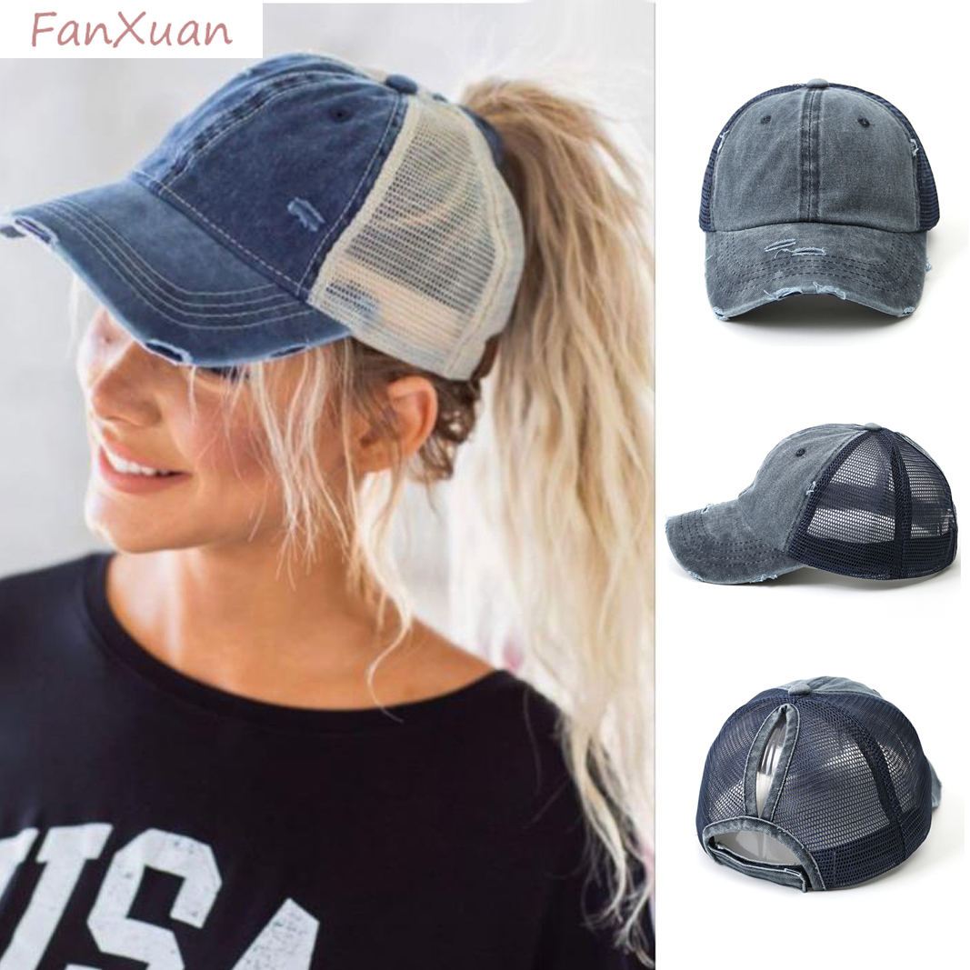 Винтажная бейсболка с хвостиком, женская регулируемая шляпа Snapback, сетчатая потертая летняя кепка, женская шляпа от солнца