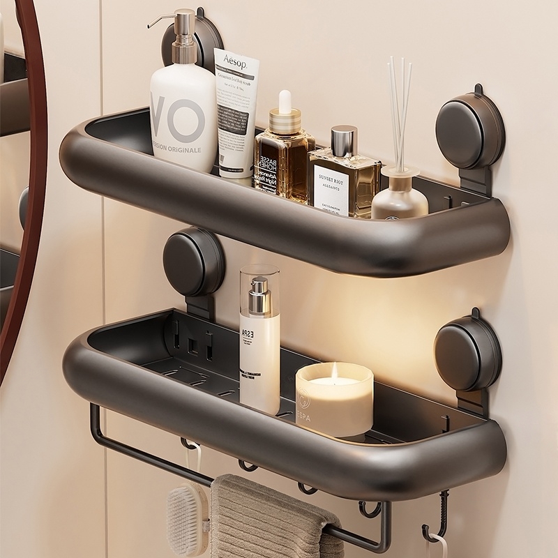 Badezimmer-Handtuchhalter mit Saugnapf, platzsparend, Wandmontage, minimalistisches, multifunktionales Aufbewahrungsregal aus Aluminium, kein Bohren erforderlich