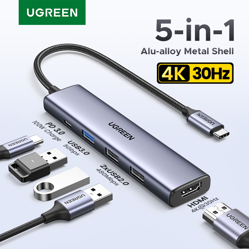 UGREEN USB-HUB 5-in-1 Typ-C auf 4K HDMI PD100W USB3.0 HUB Multiport-Adapter für Laptop MacBook iPad Pro Samsung Dell HP Lenovo