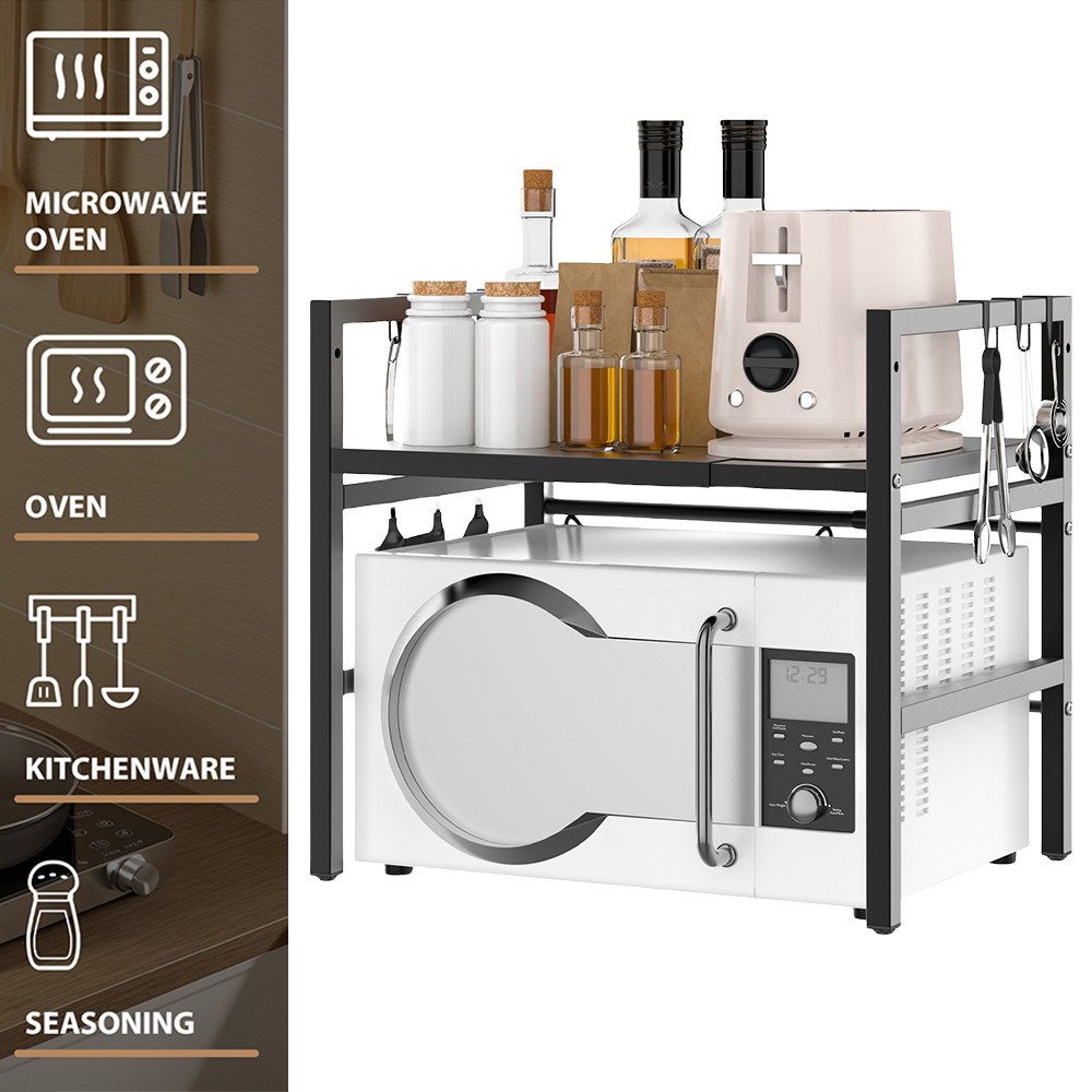 Rozszerzalny stojak na kuchenkę mikrofalową, 2-poziomowy stojak na kuchenkę mikrofalową z 6 haczykami, stojak na kuchenkę mikrofalową, stojak do pieczenia, organizer na blat kuchenny