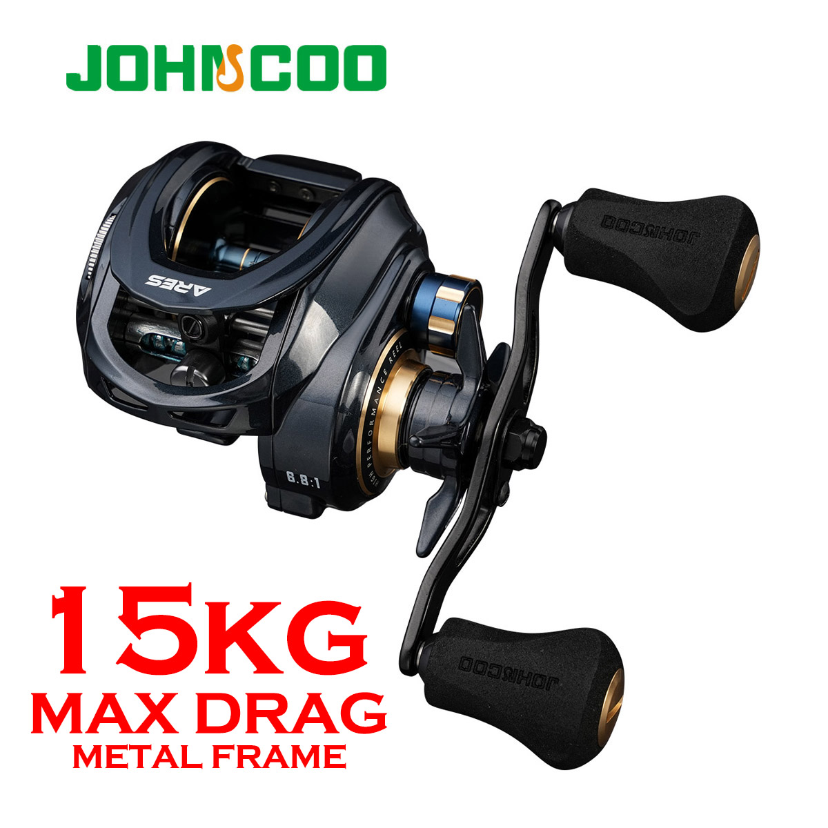 Carrete JOHNCOO ARES Baitcasting, marco de aluminio, carrete de pesca de agua salada, relación de engranaje 6,8: 1, arrastre máximo de 15kg, carrete Baitcast de perfil bajo
