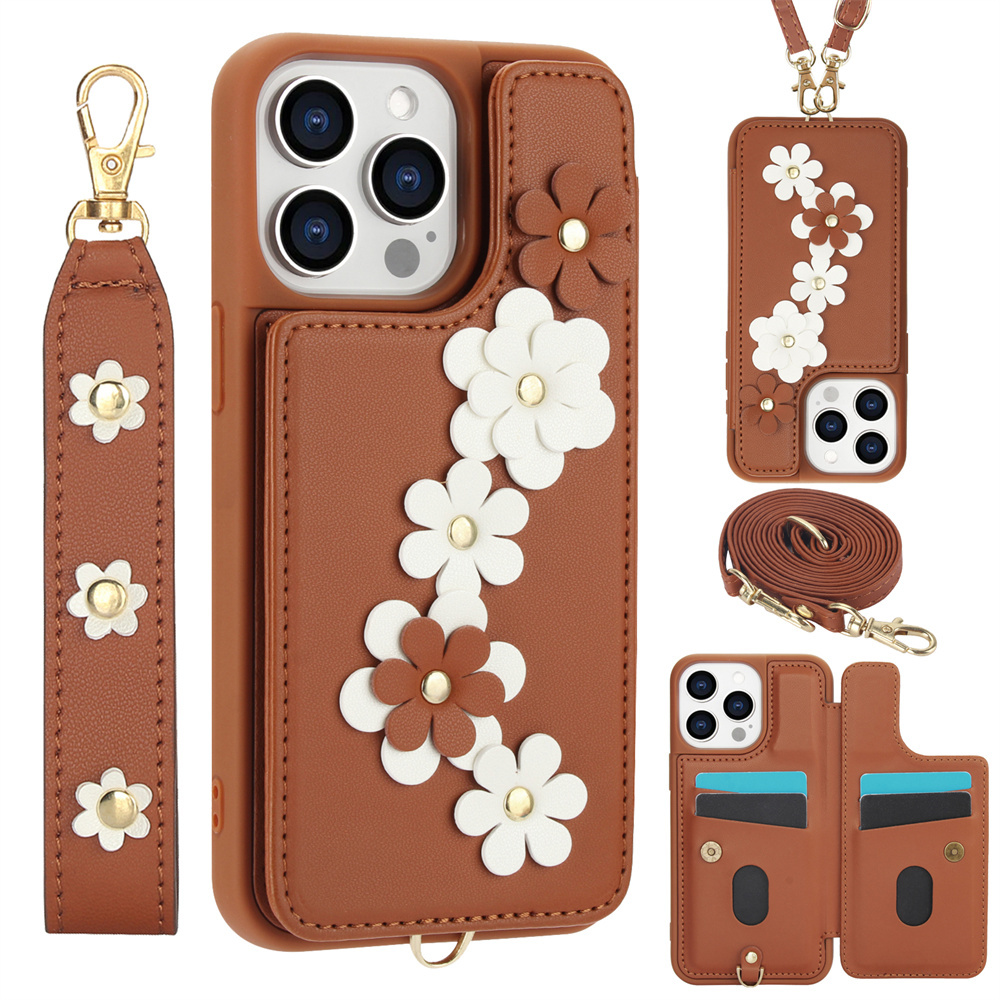 Etui na telefon 3w1 z paskiem na szyję, smyczą na nadgarstek, kwiatami i skórzanym portfelem do iPhone 17 15 11 12 13 14 16 Pro Max Air X S 7 8 Plus