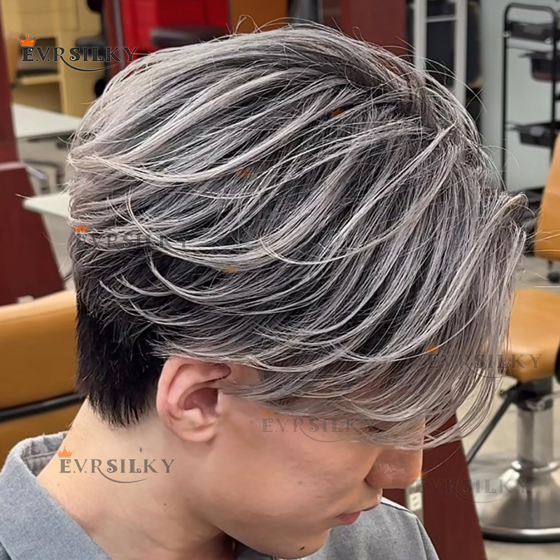1B65 1B80 Garis Rambut Alami Hitam Abu-abu 1B50 Tahan Lama 0.1mm Kulit Tipis Injeksi Cokelat Sistem Rambut Pria Toupee Rambut Asli Hairpiec Prosthe